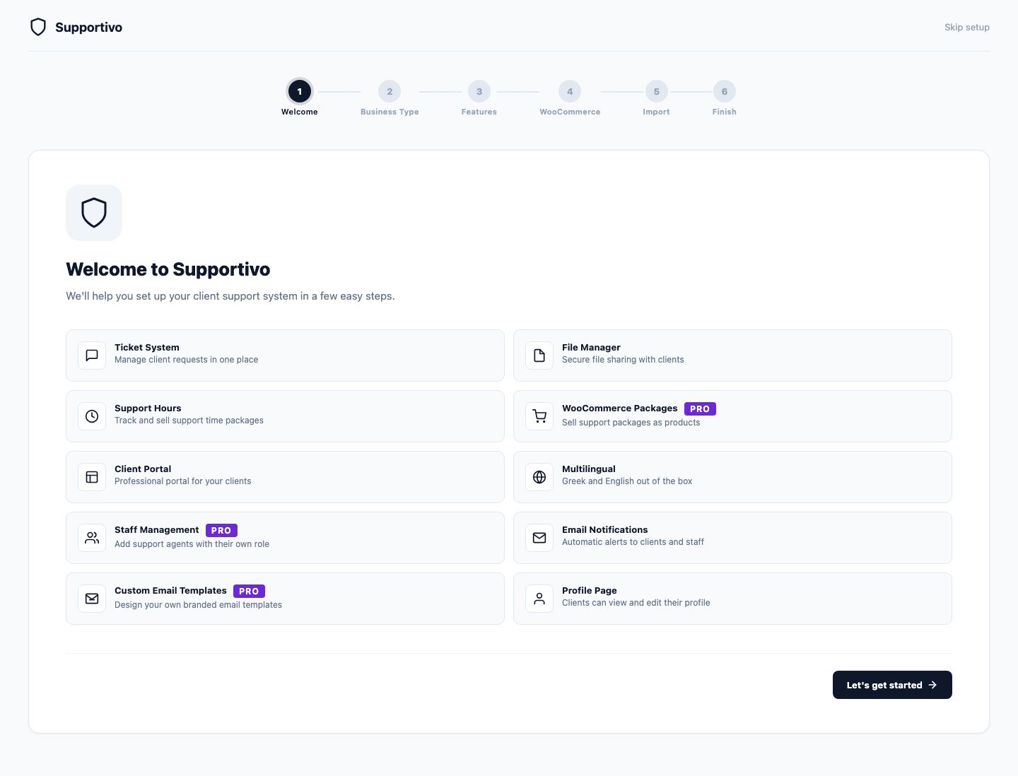 Setup Wizard Welcome step, showing the feature grid and the "Let's get started" button