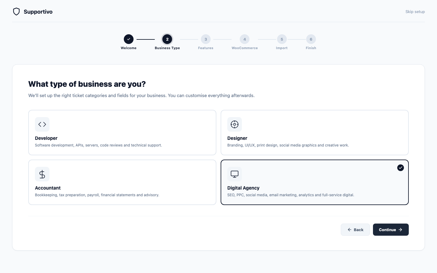 Setup Wizard Business Type step, with the Digital Agency card selected