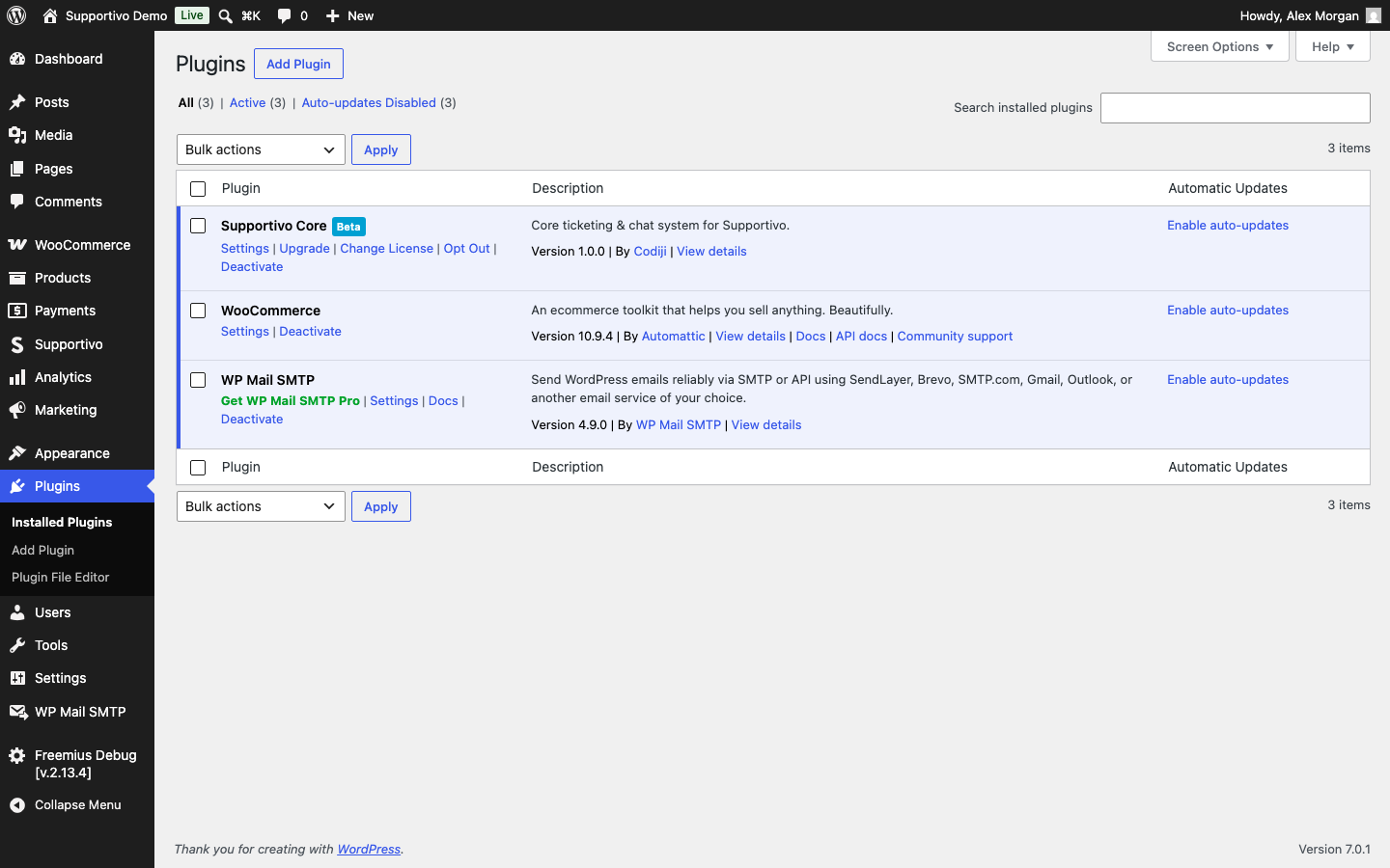 Supportivo Core listed and active in the WordPress Plugins page