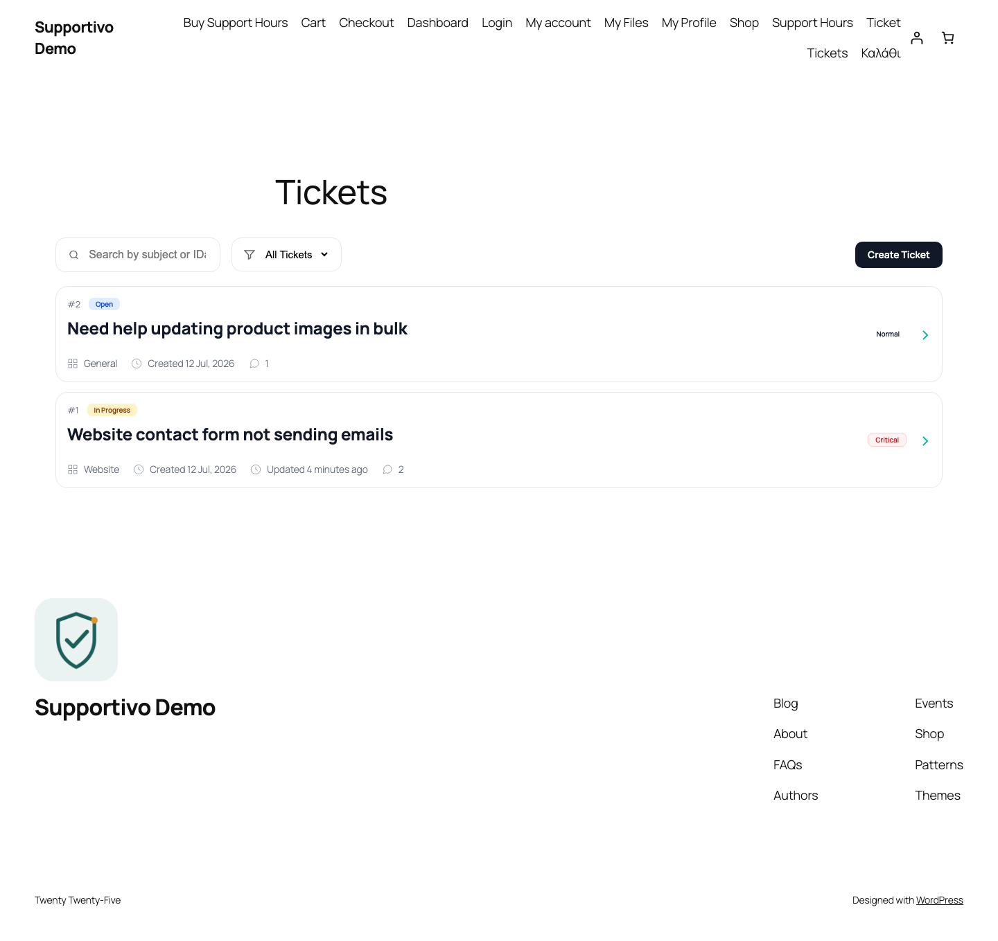 Client-facing Tickets page listing two real tickets, with status and priority badges