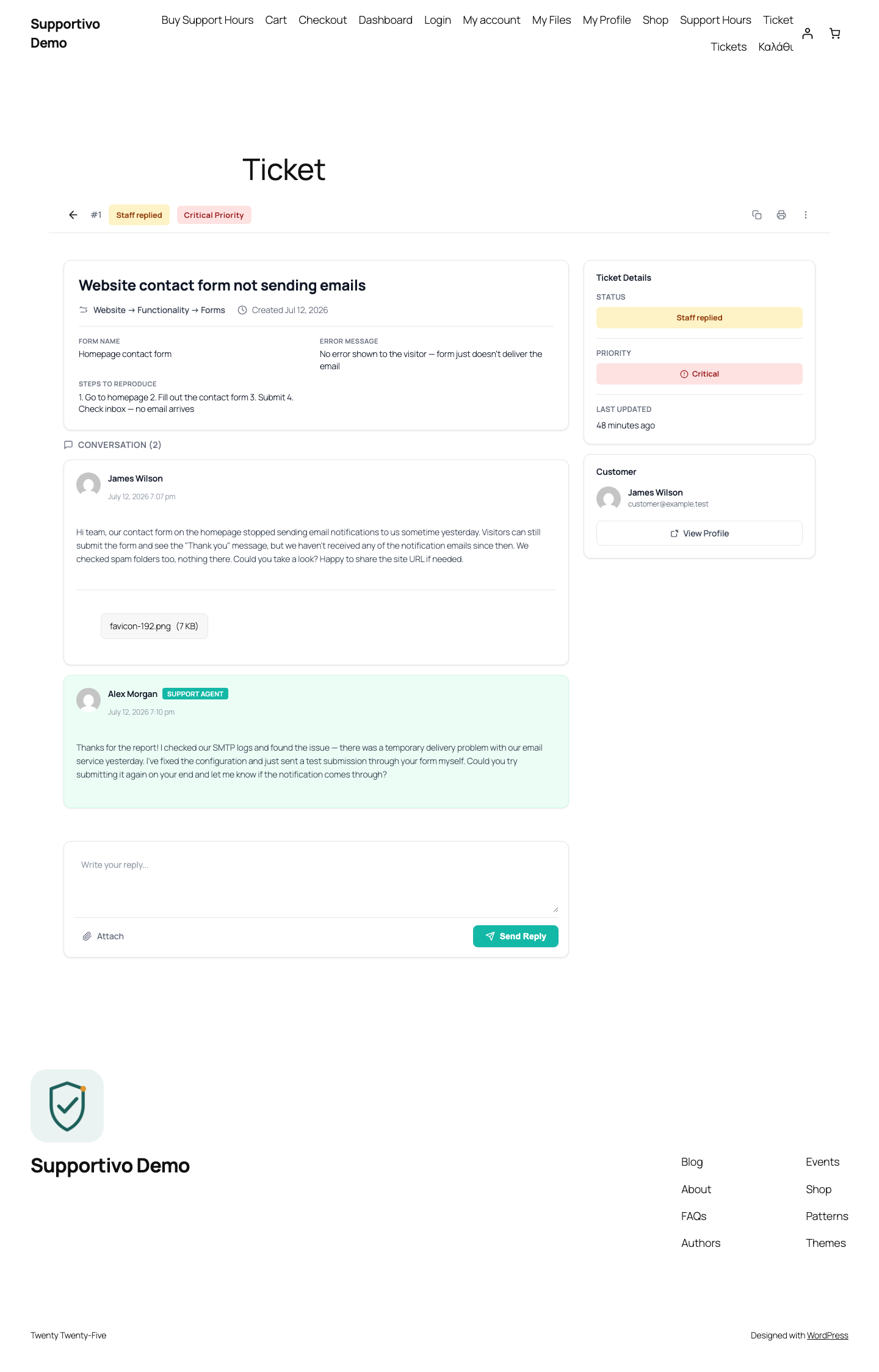 Ticket detail page showing the category breadcrumb, the dynamic fields captured at creation, the customer's message with its attachment, and the staff reply below it