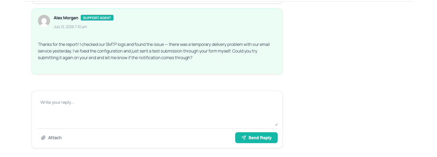The reply box at the bottom of a ticket, with a "SUPPORT AGENT" reply shown above it