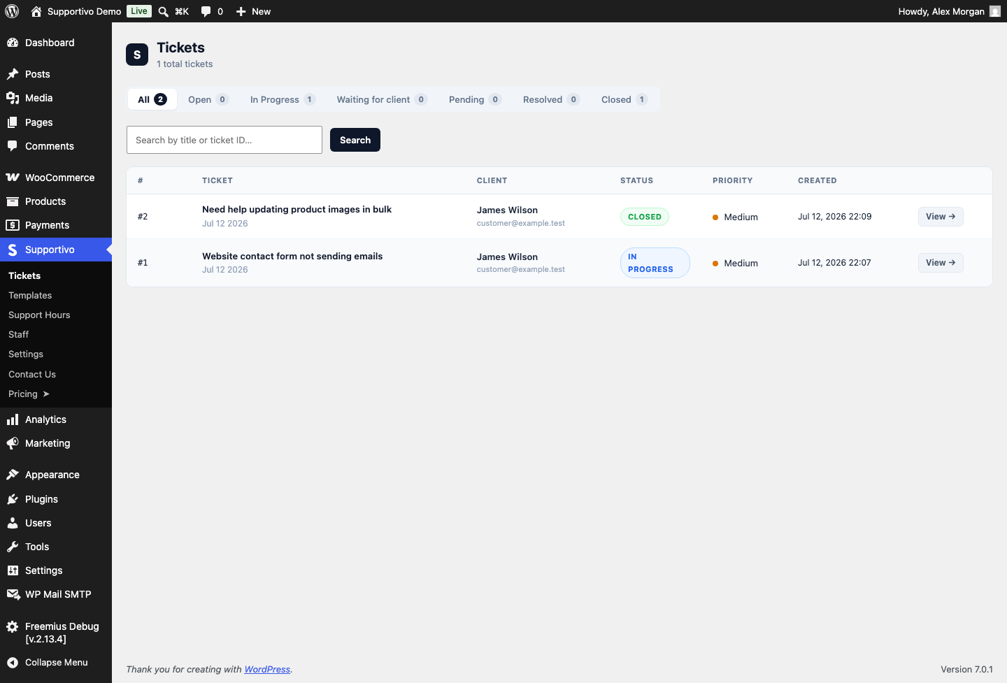 wp-admin Tickets list, showing status counts, a search box, and colored status/priority badges for each ticket