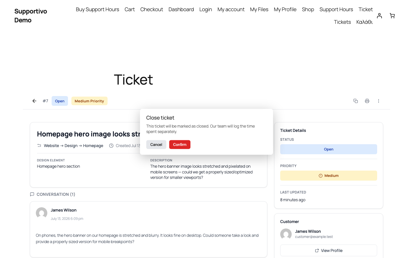 Close ticket confirmation dialog shown to the client/owner instead — no minutes field, just a note that staff will log the time separately