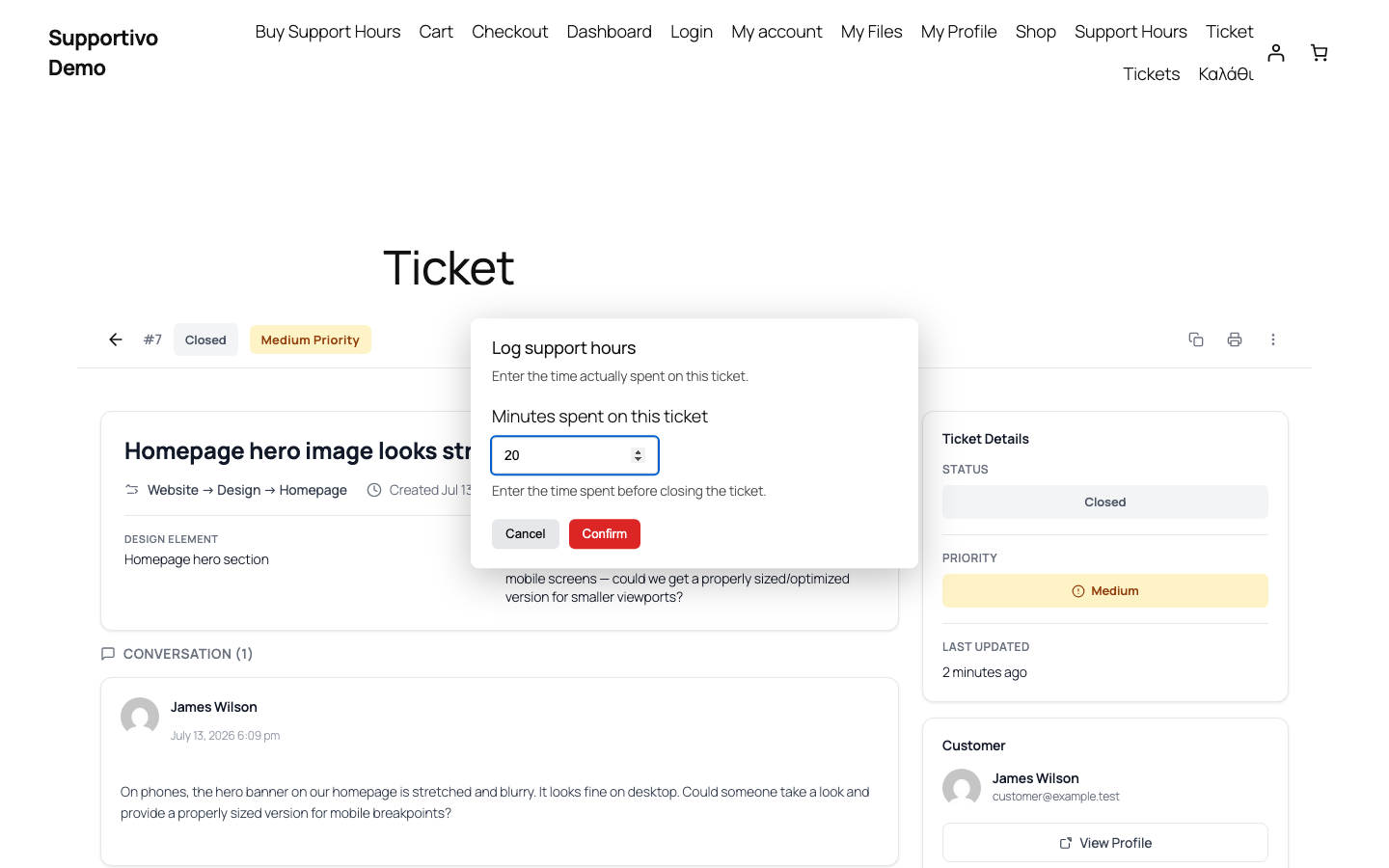The "Log support hours" dialog, shown to staff on a ticket flagged "Needs hours review"