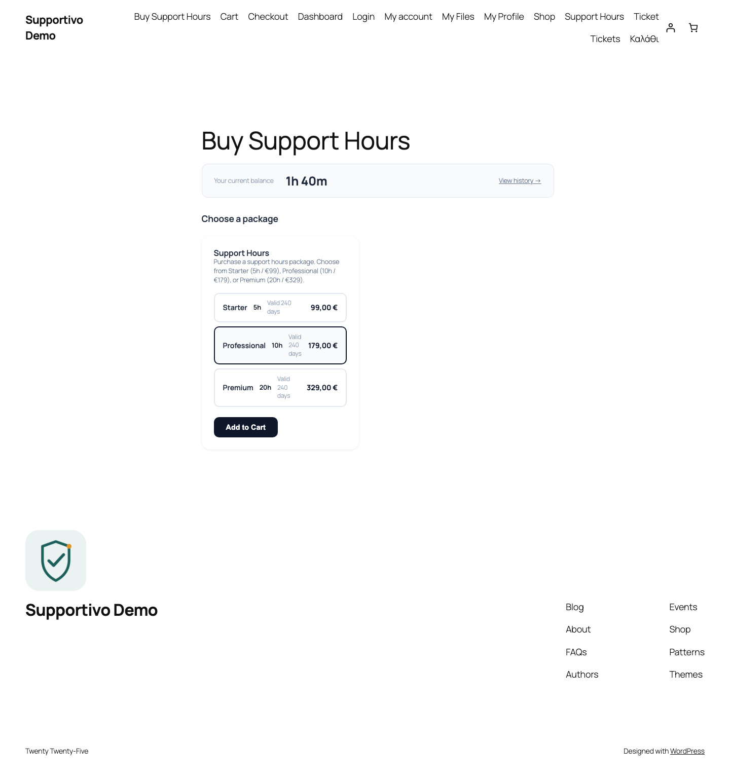 The "Buy Support Hours" page, showing the client's current balance and the three package cards with one selected