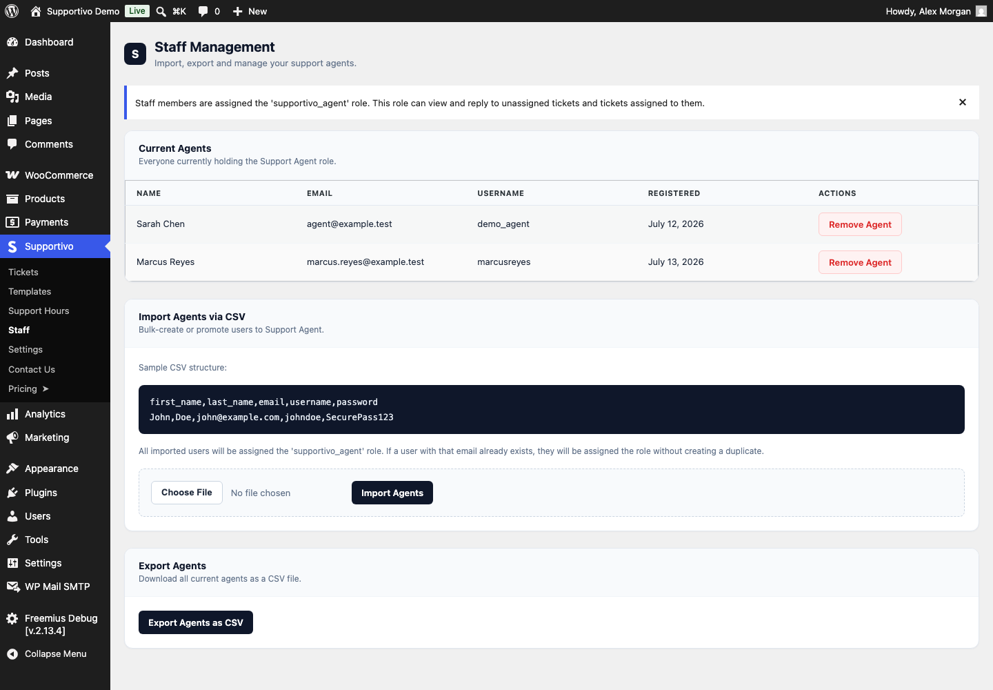 The Staff Management page in wp-admin, showing the Current Agents table, Import, and Export cards