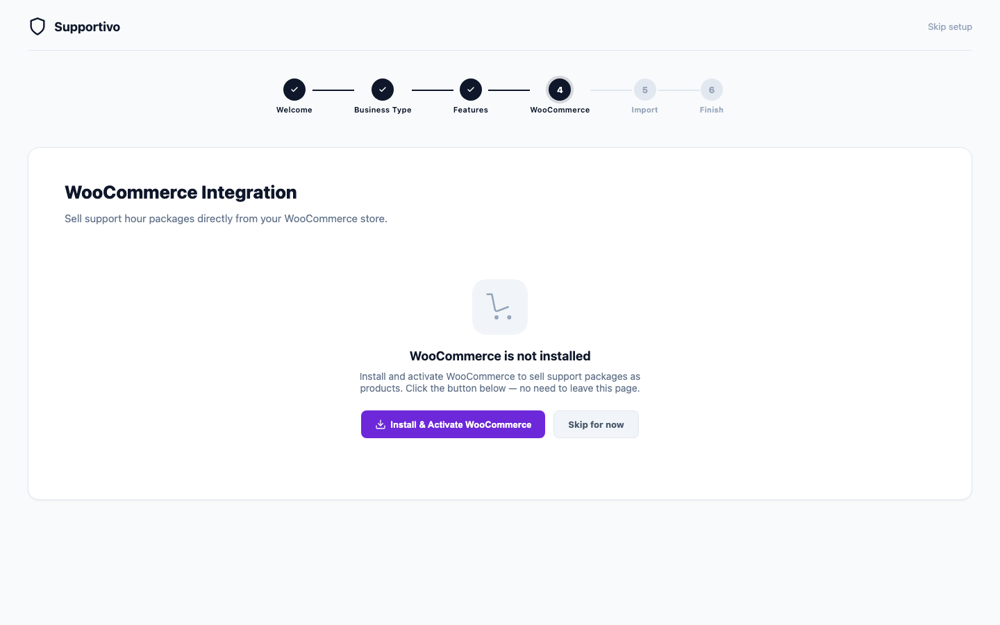 Το βήμα WooCommerce του Setup Wizard, στην κατάσταση "WooCommerce is not installed" με το κουμπί Install &amp; Activate WooCommerce