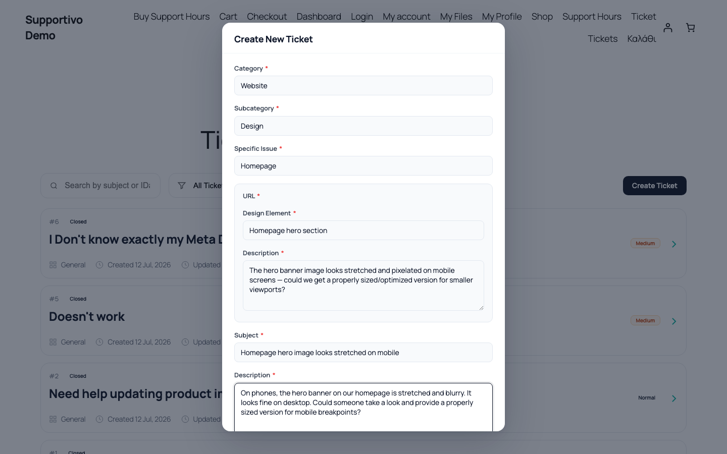 Το modal Create Ticket σε λειτουργία "With Categories", με τη διαδοχή Category/Subcategory/Specific Issue, τα δυναμικά πεδία που εμφανίστηκαν, Subject, Description και ένα επισυναπτόμενο αρχείο