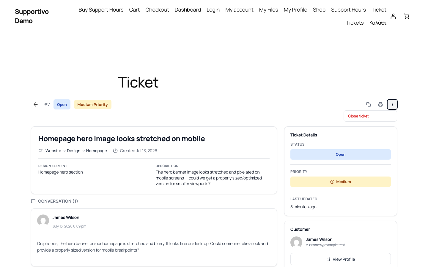Το ίδιο μενού ενεργειών "…" στο ίδιο ticket, με το "Close ticket" όπως το βλέπει ο πελάτης που το κατέχει