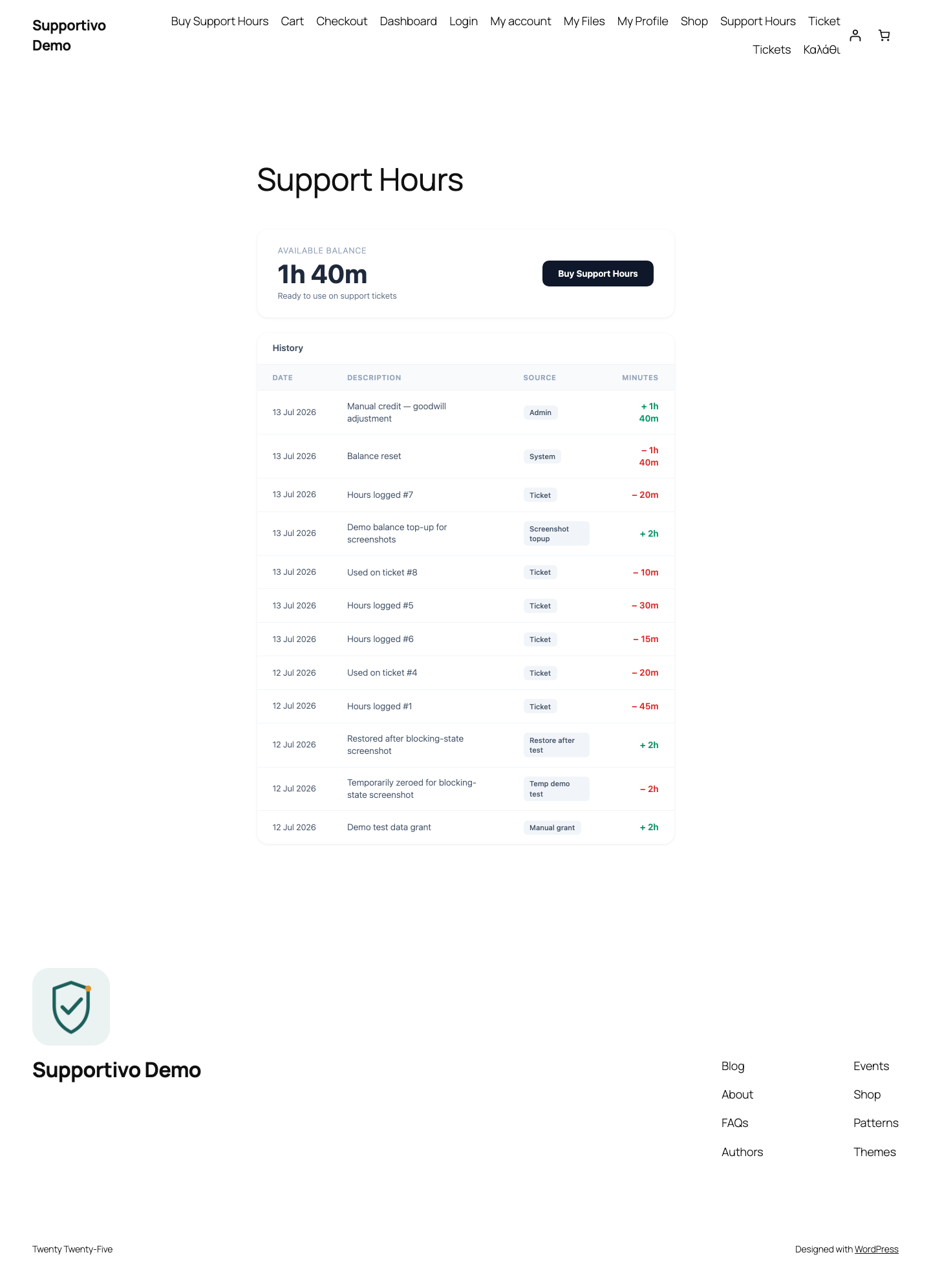 Η σελίδα Support Hours όπως τη βλέπει ο πελάτης, με την κάρτα υπολοίπου και τον πίνακα ιστορικού με πιστώσεις και χρεώσεις
