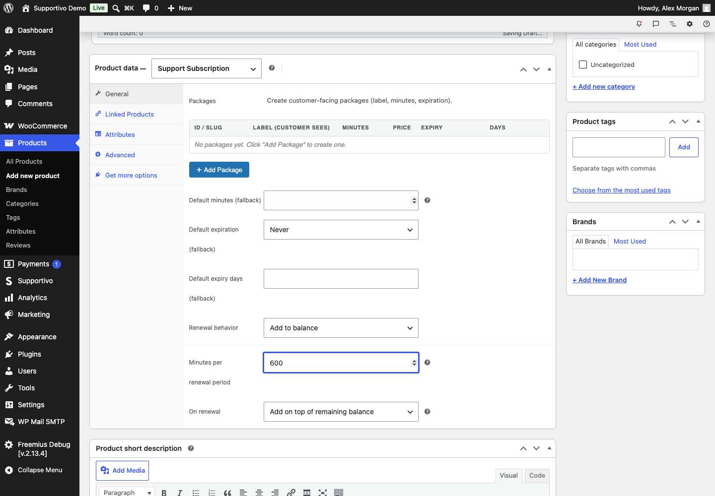 Η οθόνη επεξεργασίας ενός προϊόντος Support Subscription στο admin, με το πεδίο λεπτών-ανά-ανανέωση και το dropdown συμπεριφοράς ανανέωσης