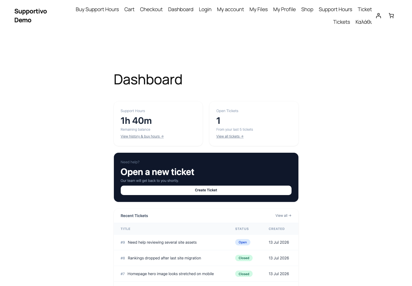 Η σελίδα Dashboard, με τις τρεις κάρτες σύνοψης και τον πίνακα Recent Tickets